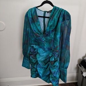 Chic Spring 🌱 Blue and Green Long Sleeve Sheer V Neck Plunge Ruched Dress